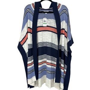NWT Nautica Coral pink blue white stripped knit cape sleeves cardigan size Large